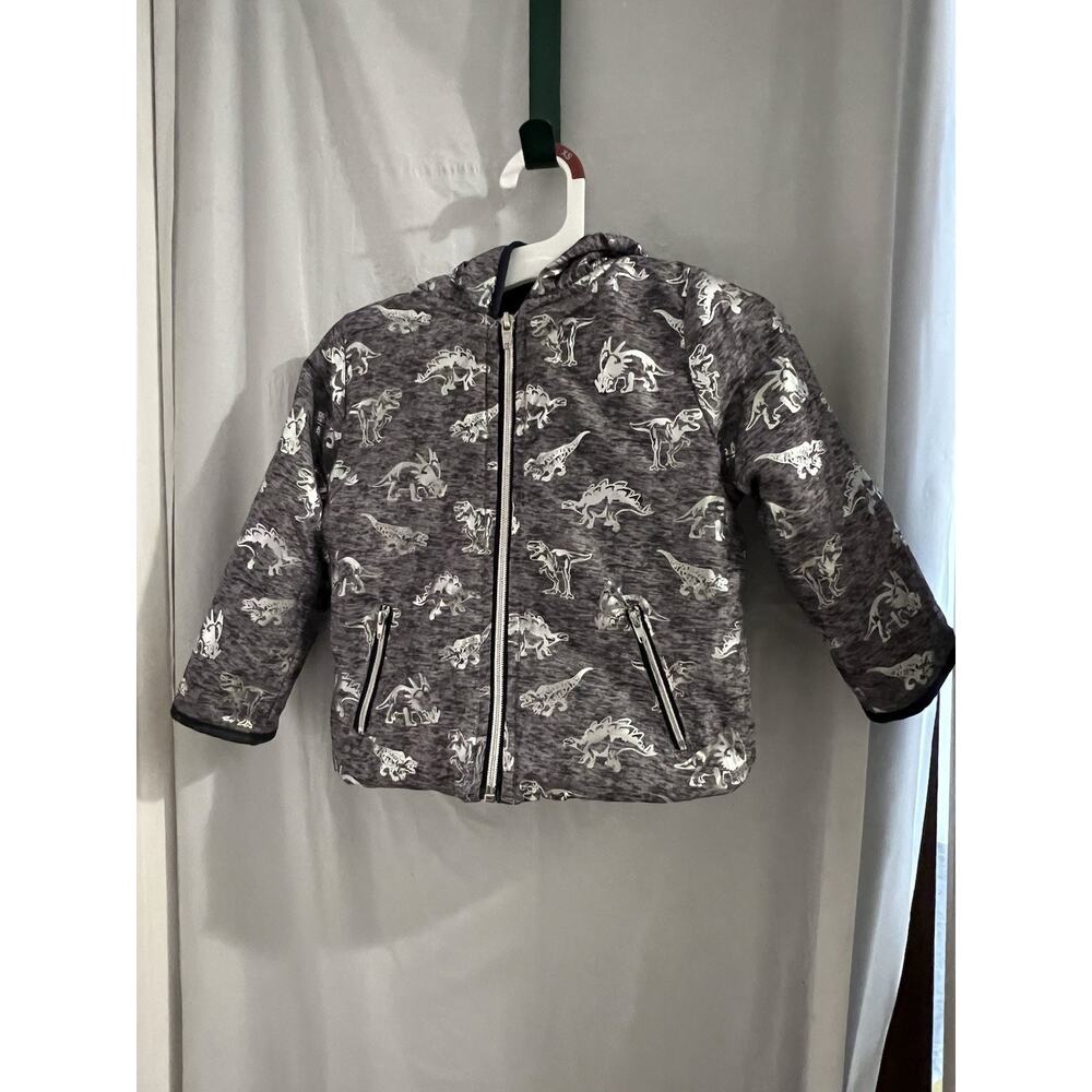 Mick Mack Toddler Boys Gray Blue Faux Fur Lined Metallic Dinosaur Print Jkt 2T